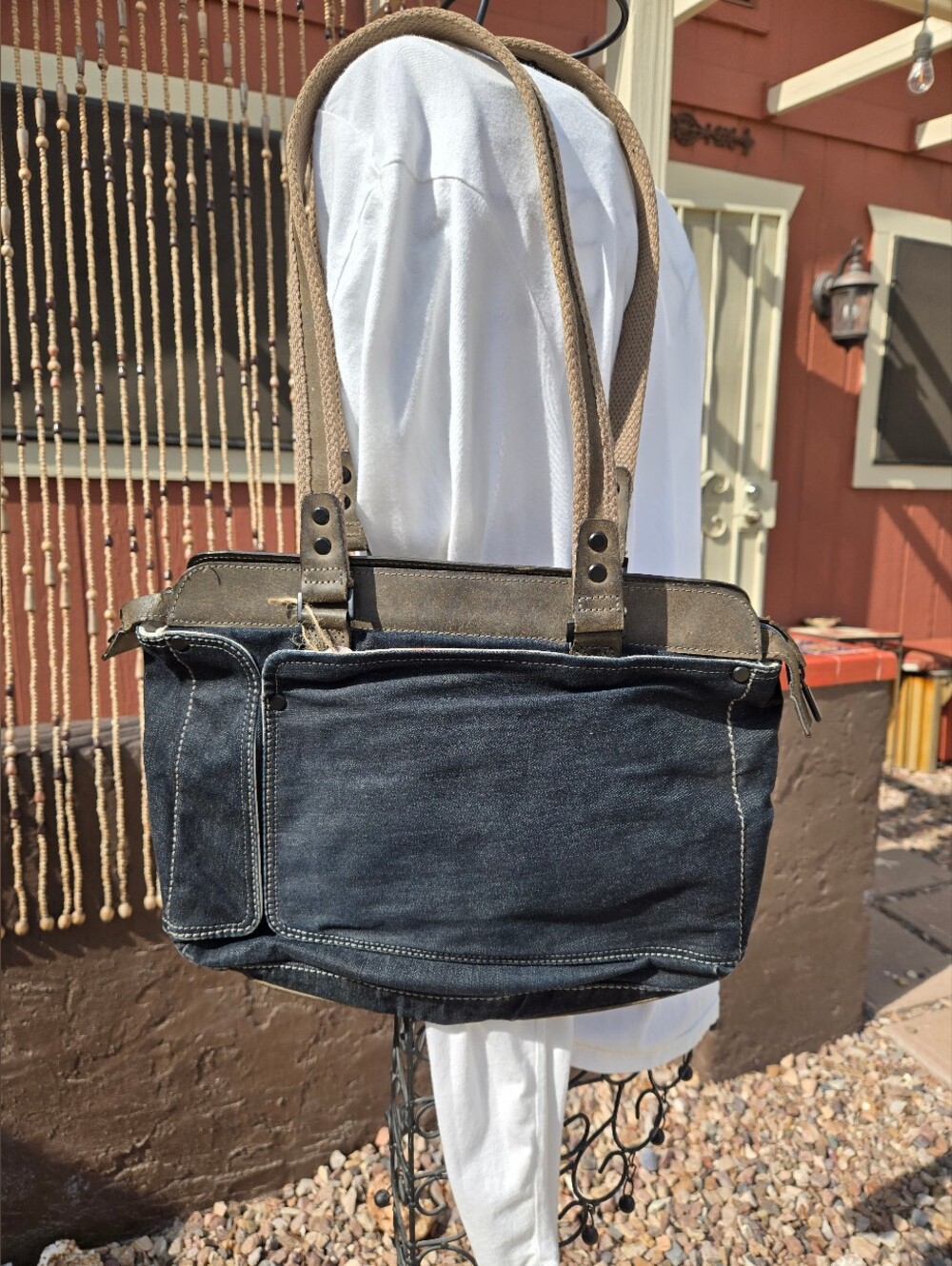 Men's Dark Blue Canvas Messenger Tote with Recycled Leather From Italy